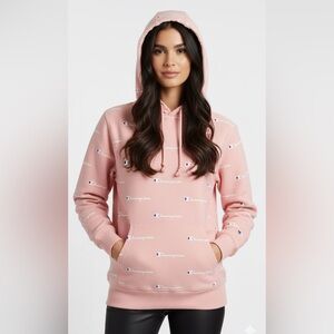 Champion Reverse Weave Allover Logo Pullover Hoodie Pink Small